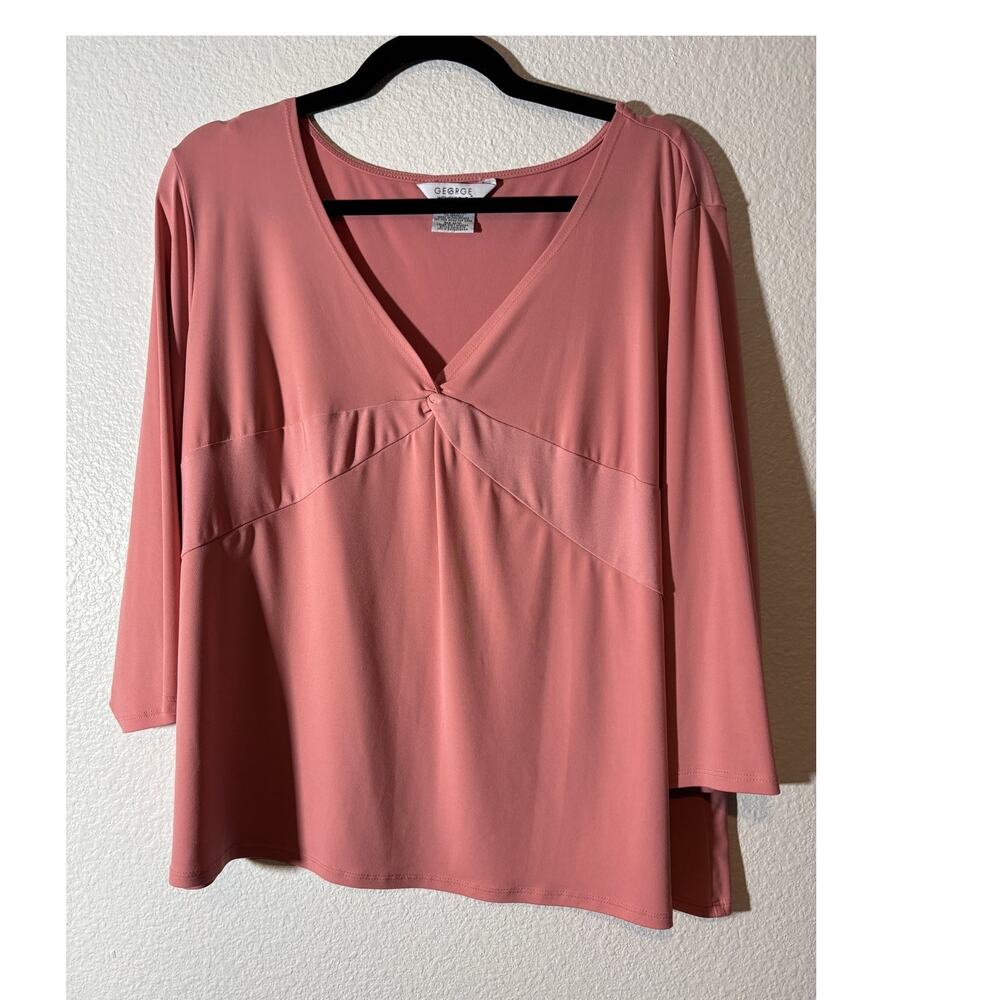 George Women's Plus Size 22/24W Pink V-Neck Twist-Front 3/4 Sleeves Blouse Top